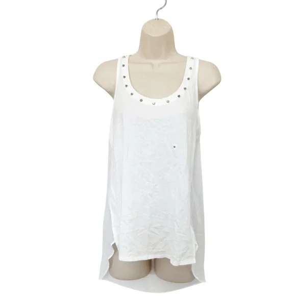 NWT Express White Sleeveless Studded Neck Sheer Back High Low Top Size Medium - Picture 2 of 8